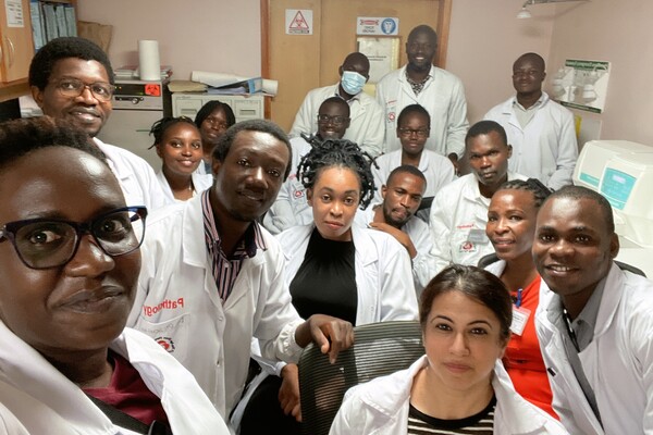 Rumina teaching hematology technologists at the The Aga Khan Hospital, Kisumu, Kenya