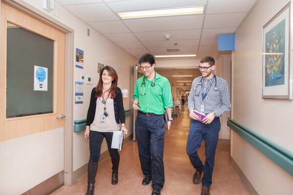 Medical students in hospital hallway
