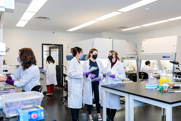 A group of students talking in a laboratory